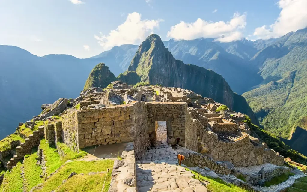 The Inca citadel of Machu Picchu in Peru, as seen from the area around the Guardian's House